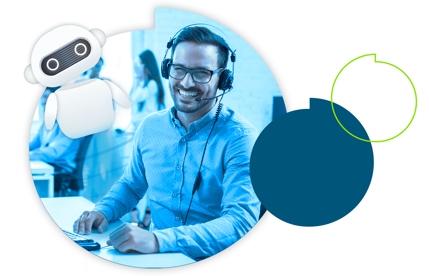 Comm100 AI Chatbot Cover Image - a man is smiling and a chatbot is on the side