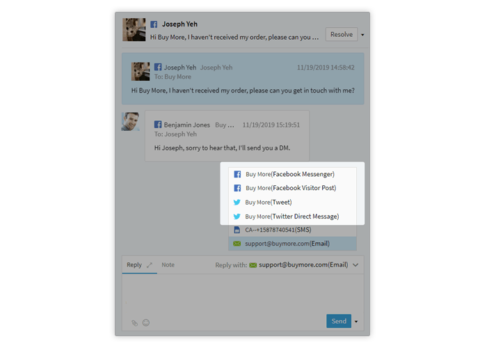 with comm100 ticketing and messaging, you can manage both direct and public messages on social media in one place