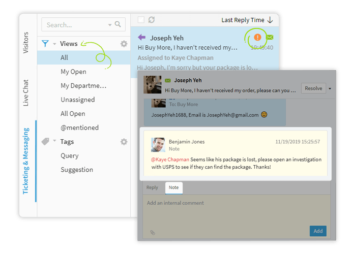 comm100 ticketing and messaging enables you to prioritize your work via custom views, tags, and filters