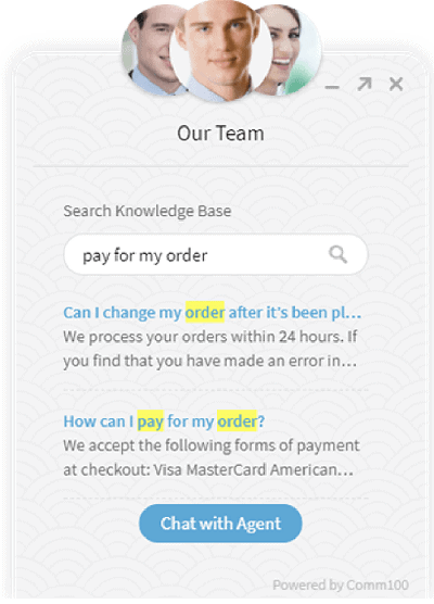 Comm100’s Knowledge Base Integrated into a chat window