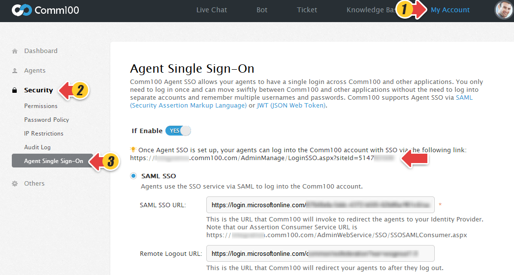 How to enable Agent SAML SSO (Single SignOn) in Comm100 account