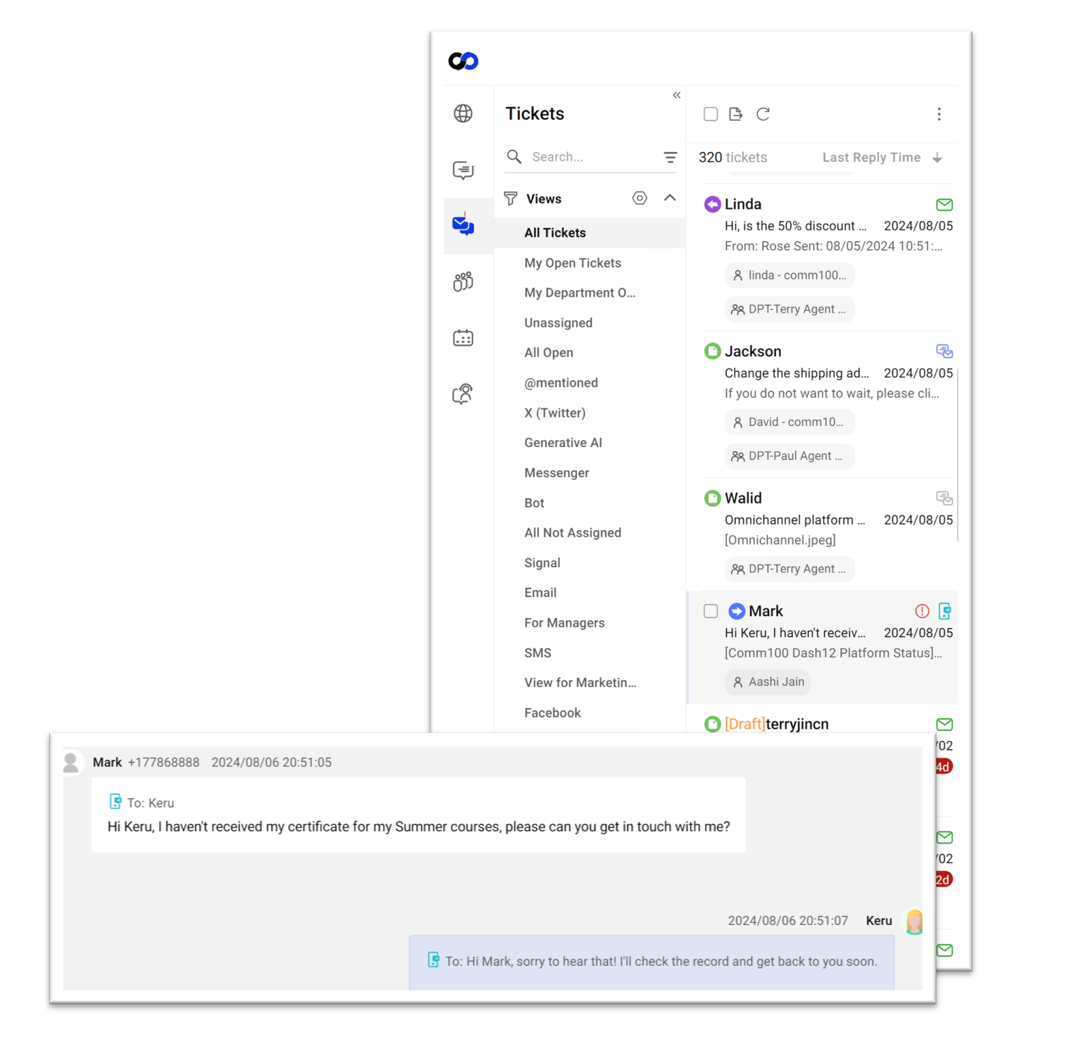 you can manage various platforms in comm100, the unified ticketing and messaging platform