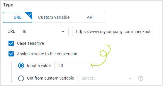 Comm100 analytics feature gives you the options to assign a value towards a conversion goal