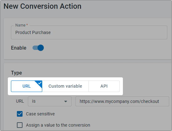 Comm100 analytics function gives you the options to define conversion actions