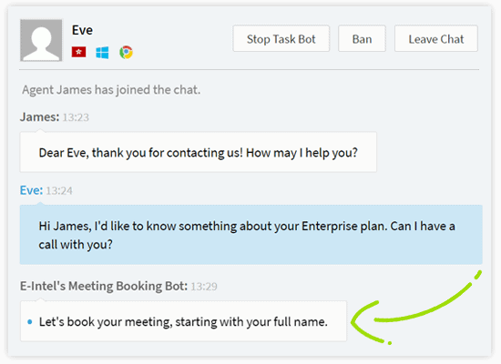 comm100 task bot helps you schedule meetings with visitors