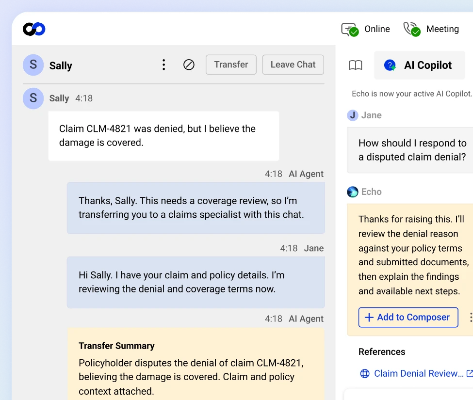 AI Agent transferring a disputed insurance claim to a claims specialist with AI Copilot assistance