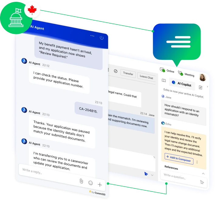 Comm100 AI Agent transferring a benefit application inquiry to a government caseworker