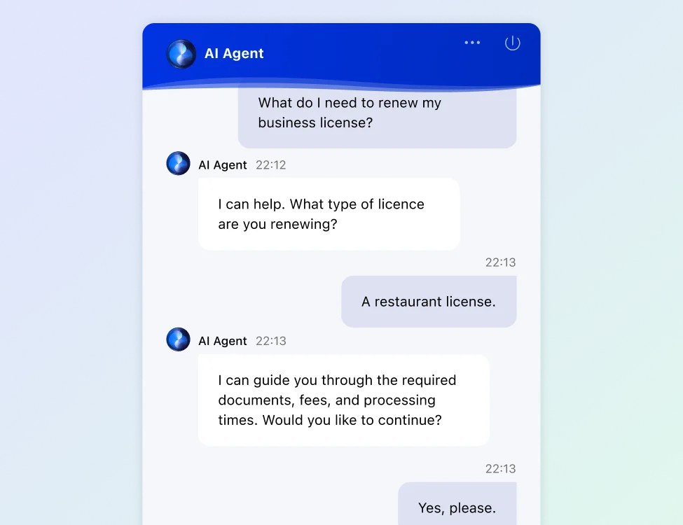 Comm100 AI Agent answering a routine business licence inquiry
