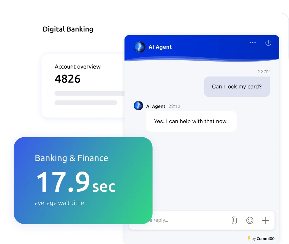 Comm100 AI Agent helping a banking customer lock a card