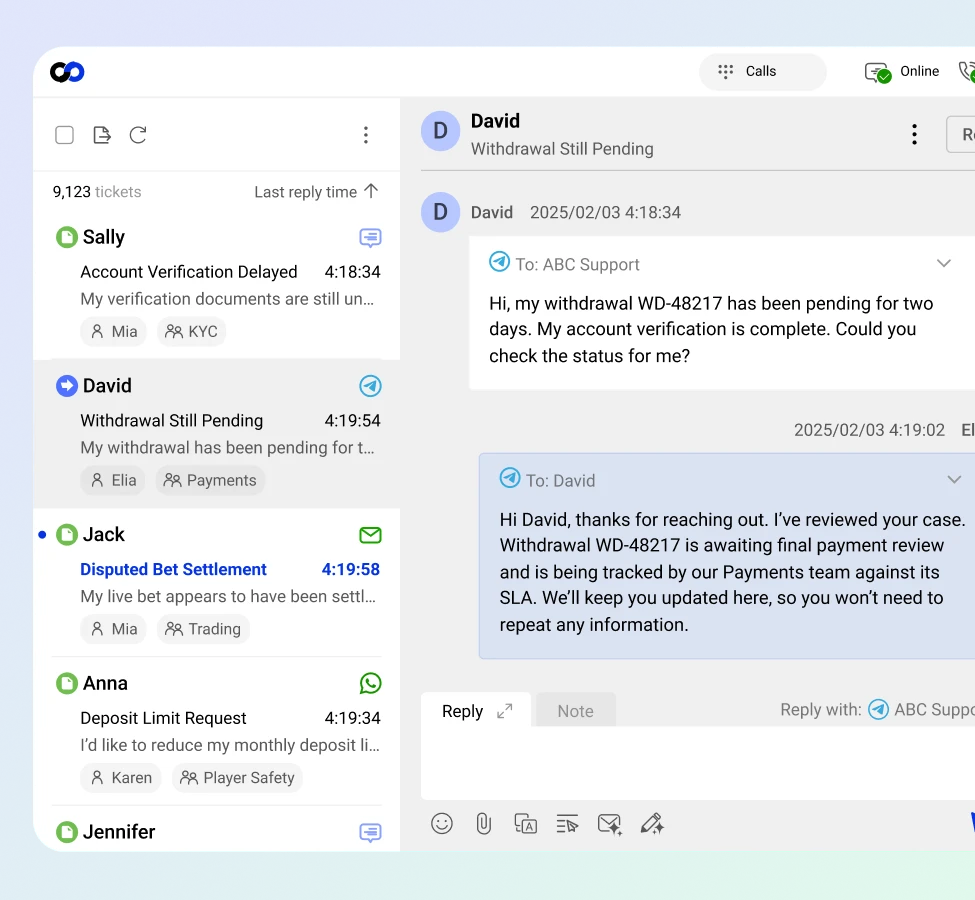 Comm100 Ticketing & Messaging console showing an iGaming player case from WhatsApp with player profile and ticket details