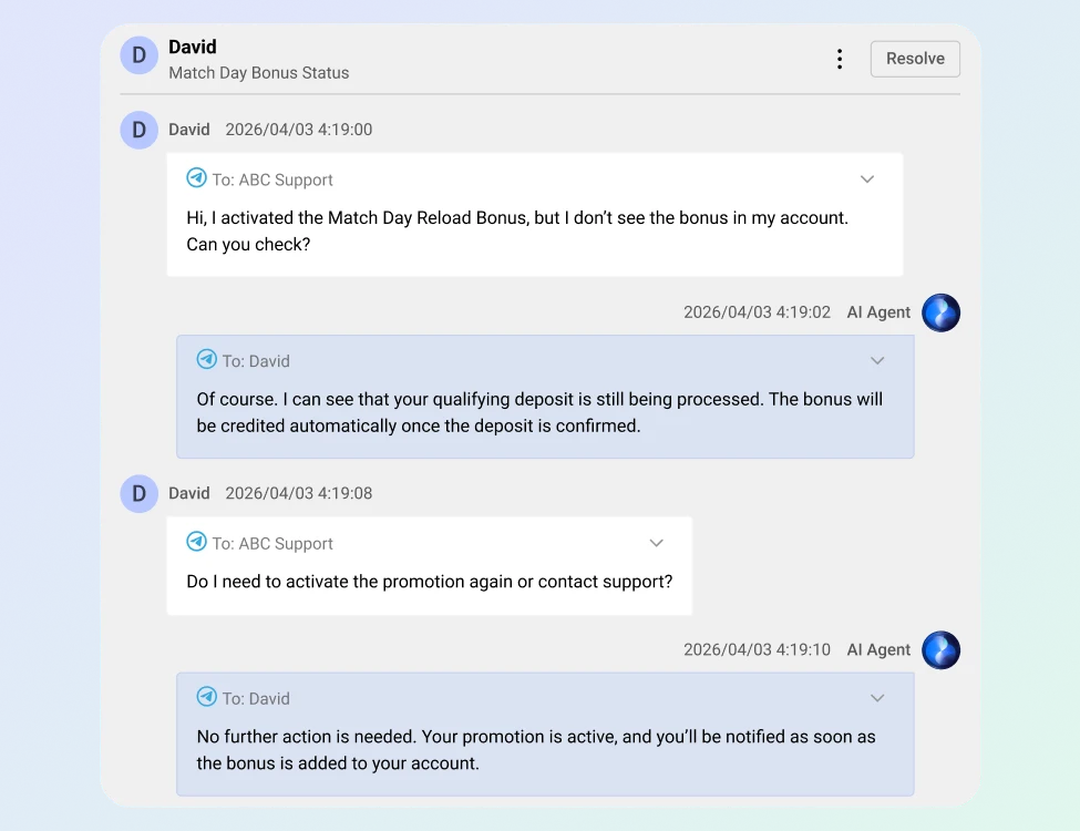 Comm100 AI Agent resolving a Match Day Reload Bonus inquiry
