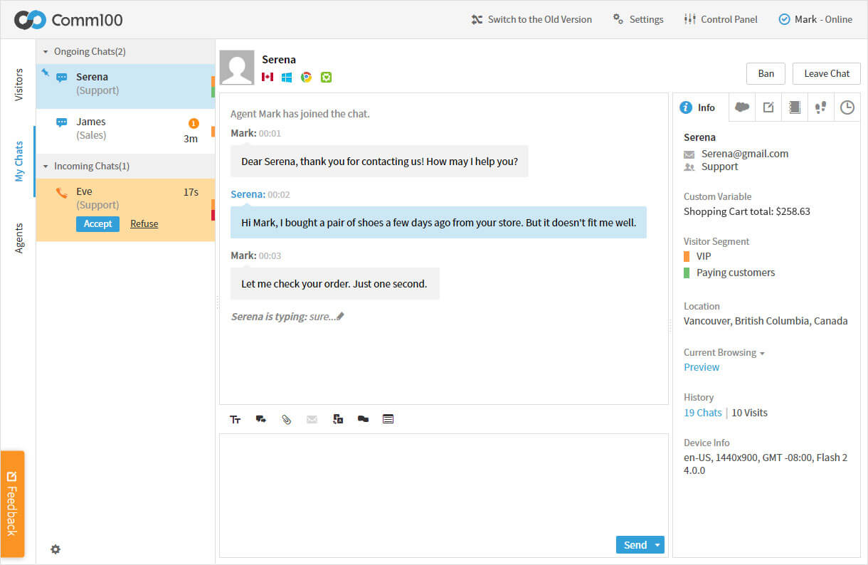 the HTML5 Version of Comm100 Live Chat Agent Console