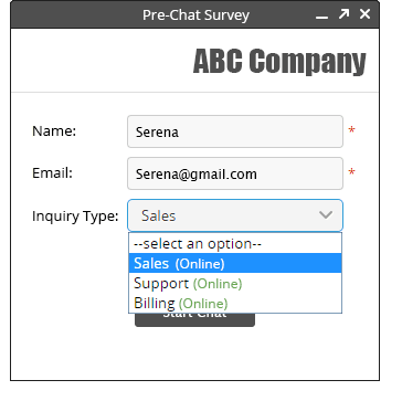 pre-chat survey department
