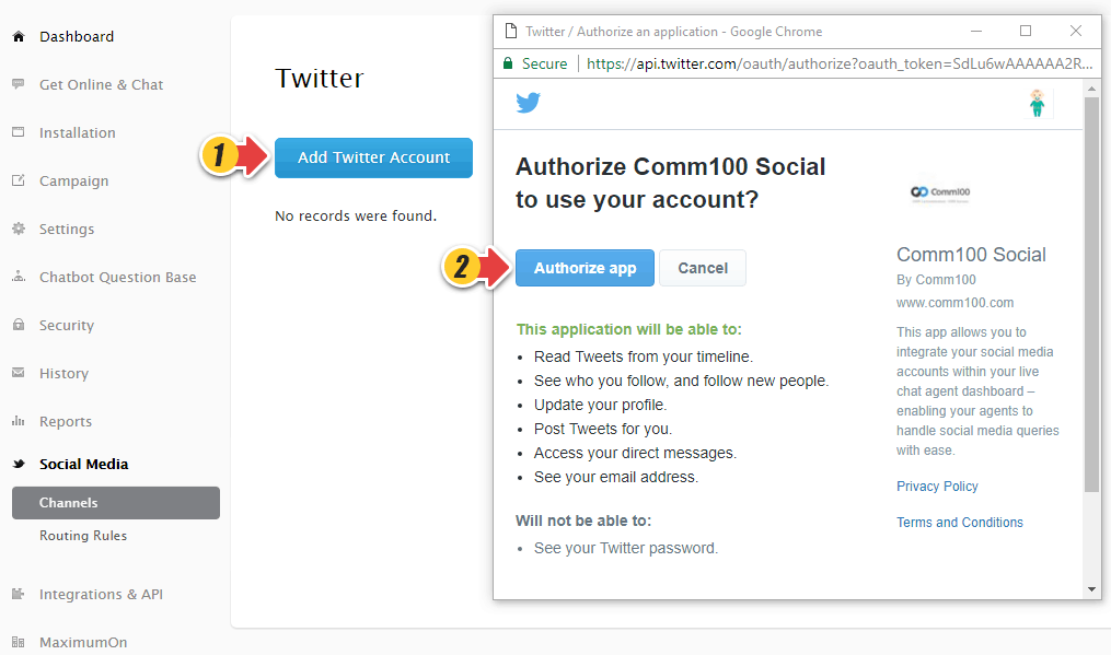 integrate comm100 live chat with facebook and twitter